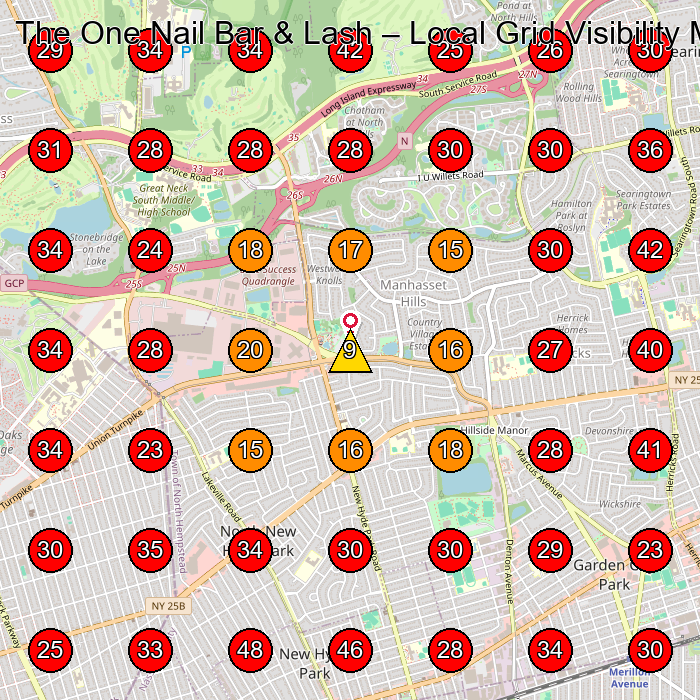 The One Nail Bar & Lash GeoGrid visibility map for Hair Salon in Floral Park
